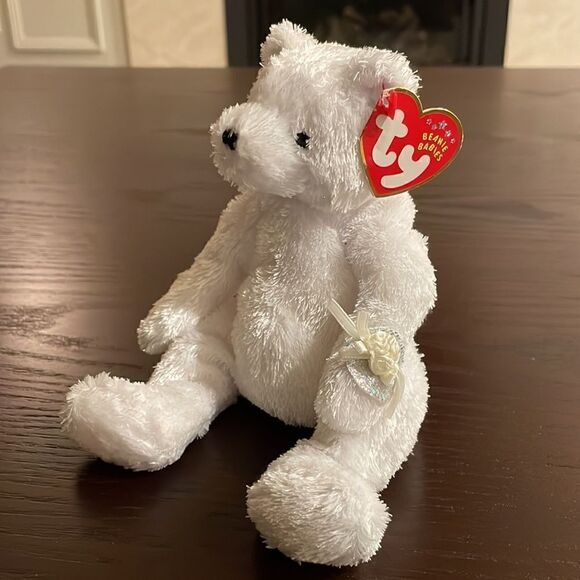 Vintage Ty Beanie Baby 2002 Bride The White Bear Excellent Condition NWT 8” long - Picture 1 of 9
